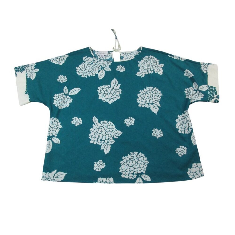 Jaclyn Smith Blouse Top Womens XL Teal Palm‎ Leaf Print Short Sleeve Round Neck